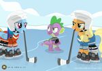  2016 applejack_(mlp) armor blonde_hair blue_feathers blue_fur clothed clothing dragon earth_pony equine eye_contact feathered_wings feathers female feral friendship_is_magic fur green_eyes group hair helmet hi_res hockey_stick horse ice ice_hockey male mammal multicolored_hair multicolored_tail my_little_pony orange_fur outside pegasus pony purple_eyes rainbow_dash_(mlp) rainbow_hair shutterflyeqd sky smile snow spike_(mlp) wings winter 