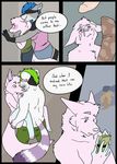  2016 against_wall anthro canine clothing comic cum cum_on_face english_text female fox fur male male/male mammal money okadu pants penis pink_eyes pink_fur raccoon shirt simple_background speech_bubble stripes text white_fur 