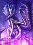  ambiguous_gender chain claws collar detailed_background dragon feathered_wings feathers feral hair looking_at_viewer neytirix nude purple_feathers purple_hair solo wings 