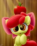  2016 apple apple_bloom_(mlp) bow cute female food friendship_is_magic fruit fur hair my_little_pony open_mouth red_hair solo symbianl tongue yellow_fur 