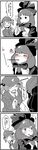  blush bow clueless comic food front_ponytail greyscale hair_bobbles hair_bow hair_ornament hair_ribbon hat heart highres kagiyama_hina kawashiro_nitori key monochrome pocky pout ribbon spoken_heart spot_color toriburi touhou translated two_side_up 