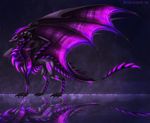  ambiguous_gender black_hair curved_horn dragon feral hair horn markings membranous_wings neytirix nude purple_eyes purple_hair reflection ridged_horn scalie simple_background solo wings 