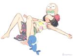  barefoot beanie between_legs black_hair creature_on_head gen_7_pokemon hat kanro_ame_(ameko) litten lying mizuki_(pokemon) on_back outstretched_arms pokemon pokemon_(creature) pokemon_(game) pokemon_sm popplio red_hat rowlet shirt short_hair simple_background spread_arms tied_shirt white_background 