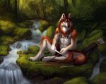  4_toes 5_fingers anthro blue_eyes braided_hair canine clothed clothing day detailed_background forest fur hair male mammal moss orange_fur outside red_hair river sitting solo toes topless tree white_fur wolf wolnir 