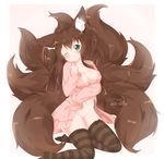  animal_ears black_legwear blush bottomless breasts brown_hair cardigan cleavage fox_ears green_eyes groin kneeling large_breasts long_hair multiple_tails naked_cardigan navel no_bra one_eye_closed original sleeves_past_wrists smile solo striped striped_legwear susukitten tail thighhighs 