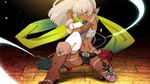  bangs boots dark_elf dark_skin elf knife kome_(vm500) long_hair looking_at_viewer navel pointy_ears scarf serious silver_hair solo thighhighs weapon yellow_eyes 