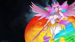  2016 anthro anthrofied big_breasts black_background blue_fur blue_hair breasts clothed clothing english_text equine feathered_wings feathers female friendship_is_magic fur green_fur green_hair hair horn kill_la_kill looking_at_viewer mammal melee_weapon my_little_pony navel pink_fur pink_hair planet princess_celestia_(mlp) ragyo_kiryuin scissors signature simple_background skimpy solo sword text weapon white_feathers wide_hips winged_unicorn wings zwitterkitsune 