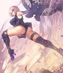  &gt;:( absurdres armor armored_boots armored_dress armpits ass bangs bare_shoulders black_panties boots breasts commentary_request dress elbow_gloves eyebrows_visible_through_hair eyes_visible_through_hair fate/grand_order fate_(series) from_side frown gloves hair_over_one_eye high_heel_boots high_heels highres large_breasts lavender_eyes lavender_hair looking_away mash_kyrielight melon22 panties parted_lips purple_gloves shield short_dress solo thick_thighs thigh_strap thighs underwear v-shaped_eyebrows 