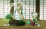  1girl beard blush bonsai bow chamaji dirt facial_hair gardening hair_bow hakama indian_style japanese_clothes konpaku_youki konpaku_youki_(ghost) konpaku_youmu konpaku_youmu_(ghost) porch pot scar scar_across_eye scissors seed sitting sliding_doors stroking_beard touhou vest wariza watering_can white_hair younger 