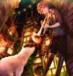  androgynous animal ayatoki-1 bugle dog highres instrument male_focus night original pink_eyes sky smile star_(sky) starry_sky trumpet 
