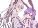  alternate_hairstyle animal_ears bamboo bamboo_forest bangs blunt_bangs blush bow breasts bunny_ears collared_shirt eye_contact eyebrows_visible_through_hair eyes_visible_through_hair flying_sweatdrops forest fujiwara_no_mokou hair_bow half-closed_eyes hand_on_another's_face hand_up long_hair long_ponytail looking_at_another miata_(miata8674) multiple_girls nature nervous purple_hair red_eyes reisen_udongein_inaba shiny shiny_hair shirt silhouette silver_hair small_breasts smile suspenders thumbnail_surprise touhou transparent_background upper_body very_long_hair wavy_mouth yuri 