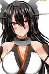  &gt;:) ar_(lover_boy) bangs bare_shoulders black_hair blush breasts cleavage closed_mouth commentary_request hair_between_eyes headgear highres kantai_collection large_breasts long_hair looking_at_viewer nagato_(kantai_collection) red_eyes smile solo upper_body v-shaped_eyebrows 
