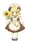  :o ahoge animal_ears blonde_hair blush bow chibi child di_gi_charat dress flower green_eyes hair_flower hair_ornament hat highres large_bow looking_at_viewer mary_janes mokarooru nurse_cap open_mouth oversized_clothes panda_ears piyoko shoes short_hair simple_background solo sunflower sunflower_hair_ornament white_background white_bow 