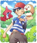  animal_on_arm backpack bag baseball_cap black_hair blue_sky bush cloud day floating gen_4_pokemon gen_7_pokemon hat male_focus okonomi pokedex pokemon pokemon_(anime) pokemon_(creature) pokemon_sm_(anime) red_hat rotom rotom_dex rowlet satoshi_(pokemon) shirt sideways_hat sky smile striped striped_shirt t-shirt tree twitter_username z-ring 