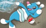  blue_body blush brionne cute eyes_closed fangs looking_at_viewer mammal marine nintendo pinniped pok&eacute;ball pok&eacute;mon sand seal smile solo tongue tongue_out video_games water zekromlullaby 