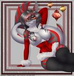  2016 anthro areola armwear big_breasts black_hair black_skin breasts brown_eyes christmas clothed clothing corset female fish grey_skin hair holidays huge_breasts jackalope_(artist) legwear lingerie long_hair looking_at_viewer marine nipples partially_clothed pink_nipples raised_arm red_hair red_skin shark smile solo stripes tattoo topless white_skin 