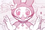  &lt;3 ambiguous_gender anthro ball_gag blush breasts collar crookedtrees flat_chested flower gag hello_kitty lagomorph mammal monochrome my_melody nipples peace_symbol plant plushie rabbit saliva sanrio teeth 