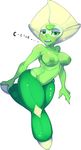  2016 alien areola big_breasts blush breasts cartoon_network clothed clothing dialogue english_text female fluffyblarg gem gem_(species) green_eyes green_nipples green_skin humanoid looking_at_viewer navel nipples not_furry open_mouth peridot_(steven_universe) raised_leg simple_background steven_universe teeth text tongue topless white_background 