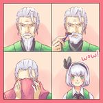  1girl 4koma beard blue_eyes blush collared_shirt comic commentary english facial_hair green_eyes hair_ribbon highres konpaku_youki konpaku_youmu looking_at_viewer meme old_man ribbon scar scar_across_eye shaving shaving_cream shirt sweatdrop touhou towel truth vest white_hair yoruny 