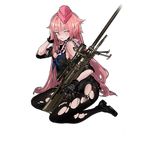  anti-materiel_rifle bipod black_footwear black_gloves black_legwear black_skirt blush breasts crying crying_with_eyes_open earphones eyebrows_visible_through_hair full_body garrison_cap girls_frontline gloves gun hand_in_hair hat headset holding holding_gun holding_weapon long_hair looking_at_viewer medium_breasts neckerchief nose nose_blush ntw-20 ntw-20_(girls_frontline) official_art pantyhose pink_eyes pink_hair pink_hat pleated_skirt ran_(pixiv2957827) rifle school_uniform scope serafuku shoes short_sleeves sitting skirt sniper_rifle solo teardrop tears torn_clothes torn_legwear torn_skirt transparent_background very_long_hair weapon 