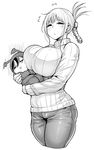  akuma_no_memumemu-chan baby braid breasts cowboy_shot cropped_legs curvy denim flying_sweatdrops folded_ponytail greyscale highres huge_breasts jeans long_hair memumemu-chan mole mole_under_eye monochrome multiple_girls pants ribbed_sweater simple_background sketch sweater synecdoche thick_thighs thighs white_background wide_hips 