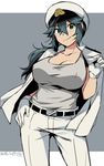  2016 belt breasts cleavage commentary_request dated epaulettes female_admiral_(kantai_collection) gloves green_eyes green_hair grey_background hair_between_eyes hand_on_hip hat ikeshita_moyuko jacket jacket_on_shoulders kantai_collection large_breasts long_hair low_ponytail military military_hat military_uniform pants peaked_cap shiomi_kaoru smile solo standing tank_top uniform white_gloves white_jacket white_pants 