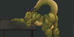  balls bent_over big_balls butt dragon evalion green_skin horn looking_at_viewer male muscular raised_tail scalie smile table thick_tail 