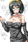  alternate_costume ar_(lover_boy) bangs bare_shoulders black_eyes black_hair blush breasts cake cleavage collarbone commentary_request cowboy_shot dress food food_on_body food_on_face fork_in_mouth glasses green-framed_eyewear hairband haruna_(kantai_collection) hiei_(kantai_collection) highres holding holding_plate kantai_collection kirishima_(kantai_collection) kongou_(kantai_collection) large_breasts long_sleeves looking_at_viewer mouth_hold off-shoulder_sweater party_popper plate ribbed_sweater semi-rimless_eyewear short_hair sweater sweater_dress translated under-rim_eyewear 
