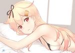  bare_shoulders bed bed_sheet black_ribbon blonde_hair blush bra breast_press breasts dan_(kumadan) gradient_hair hair_flaps hair_ribbon kantai_collection long_hair looking_at_viewer lying medium_breasts midriff multicolored_hair on_stomach parted_lips pillow pillow_hug red_eyes red_hair remodel_(kantai_collection) ribbon sideboob signature solo underwear underwear_only upper_body white_bra yuudachi_(kantai_collection) 