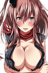  ar_(lover_boy) bangs blue_eyes blush breast_hold breast_pocket breasts brown_hair cleavage collarbone commentary_request hair_between_eyes hair_ornament heart heart-shaped_pupils highres kantai_collection large_breasts long_hair looking_at_viewer neckerchief paizuri_invitation pocket red_neckwear saratoga_(kantai_collection) seductive_smile short_sleeves side_ponytail sidelocks smile solo sweat symbol-shaped_pupils upper_body 