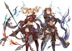  armor armored_boots beatrix_(granblue_fantasy) belt blonde_hair boots breasts brown_eyes brown_hair cleavage detached_sleeves gauntlets granblue_fantasy hand_on_hip headband holding holding_weapon large_breasts long_hair looking_at_viewer midriff minaba_hideo multiple_girls navel official_art overskirt polearm ponytail revealing_clothes short_sleeves shorts smile spear sword twintails weapon zeta_(granblue_fantasy) 