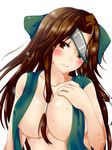  ar_(lover_boy) bare_arms blush bow breasts brown_eyes brown_hair closed_mouth collarbone embarrassed forehead_protector green_bow hair_bow hair_intakes hair_tubes highres jintsuu_(kantai_collection) kantai_collection large_breasts long_hair looking_at_viewer remodel_(kantai_collection) revealing_clothes sidelocks solo sweat upper_body 