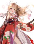  ahoge blonde_hair breasts cherry_blossoms cleavage eyebrows_visible_through_hair floral_print hair_flaps hair_ornament hair_tie hairclip haruno_suzuran_(latte) highres japanese_clothes kantai_collection kimono long_hair long_sleeves medium_breasts one_eye_closed open_mouth red_eyes red_kimono remodel_(kantai_collection) scarf simple_background solo white_background wide_sleeves yukata yuudachi_(kantai_collection) 