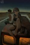  1girl artist_name barefoot black_bra black_panties bottle bra breasts brown_hair closed_mouth earrings full_body geolim green_eyes ground_vehicle holding holding_bottle jacket jewelry long_hair looking_at_viewer motor_vehicle night night_sky on_vehicle original outdoors panties road shoes_removed sky small_breasts smile street stud_earrings tank_top underwear white_tank_top 