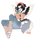  anthro beverage canine clothed clothing coffee feathered_wings feathers female flower looking_at_viewer mammal plant pollo-chan smile solo wings 