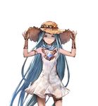  armlet blue_eyes blue_hair bridal_gauntlets dress granblue_fantasy hands_on_headwear hat jewelry long_hair looking_at_viewer lyria_(granblue_fantasy) minaba_hideo neckerchief official_art sleeveless sleeveless_dress smile solo strapless strapless_dress straw_hat sundress thigh_strap white_background white_dress 