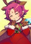  1girl antlers bell bow brown_gloves cape eyes_closed fa facial_mark fire_emblem fire_emblem:_fuuin_no_tsurugi fire_emblem_heroes forehead_mark fur_trim gloves grin highres kokouno_oyazi long_sleeves mamkute nintendo pointy_ears purple_hair reindeer_antlers short_hair simple_background smile solo upper_body yellow_background 