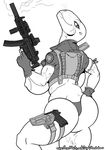  anthro areola big_breasts breasts butt clothed clothing female fingerless_gloves gloves gun handgun lizard looking_at_viewer monochrome muscular nipples pistol ranged_weapon rastaban reptile rifle scalie slightly_chubby smile solo standing thick_thighs weapon 
