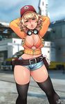  1girl arms_behind_head arms_up belt blonde_hair blush bra breasts cidney_aurum cleavage curvy female final_fantasy final_fantasy_xv goggles green_eyes hat hotpants large_breasts lips looking_at_viewer midriff mr_steak navel open_mouth solo standing thick_thighs thighhighs wide_hips 