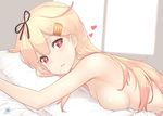  blonde_hair blush breast_press breasts dan_(kumadan) gradient_hair hair_between_eyes hair_flaps heart heart-shaped_pupils kantai_collection long_hair looking_at_viewer lying medium_breasts multicolored_hair nude on_stomach parted_lips pillow pillow_hug red_eyes red_hair remodel_(kantai_collection) sideboob solo suggestive_fluid symbol-shaped_pupils upper_body yuudachi_(kantai_collection) 