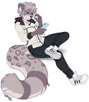  anthro clothed clothing feline fur hair headphones male mammal phone pollo-chan simple_background sitting smile solo white_background 