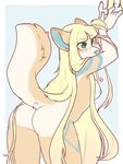  2016 anthro blonde_hair blue_eyes blue_markings blue_nipples blue_nose blush bound breasts butt canine dog female fur green_eyes hair hands_tied heterochromia long_hair mammal markings nipples nude pomeranian raised_tail rear_view simple_background solo tan_fur white_fur zyira 