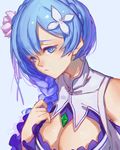  alternate_hair_length alternate_hairstyle bangs bare_shoulders blue_eyes blue_hair braid breasts cleavage cleavage_cutout cosplay emilia_(re:zero) emilia_(re:zero)_(cosplay) flower frilled_sleeves frills gem hair_flower hair_ornament hair_over_shoulder hair_ribbon hand_on_own_chest highres large_breasts long_hair re:zero_kara_hajimeru_isekai_seikatsu red_cucumber rem_(re:zero) ribbon single_braid solo upper_body 