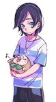  bad_id bad_twitter_id bangs black_hair blue_eyes capri_pants carrying cowboy_shot eighth_note gen_7_pokemon holding holding_pokemon jewelry looking_at_viewer male_focus musical_note necklace pants pokemon pokemon_(creature) pokemon_(game) pokemon_sm rowlet shirt simple_background solo striped striped_shirt swept_bangs t-shirt white_background yao_no you_(pokemon) 