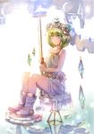  bare_shoulders blue_eyes boots bow_(bhp) dress glyph granblue_fantasy green_hair highres mithra_(granblue_fantasy) personification short_hair sitting solo staff white_footwear 