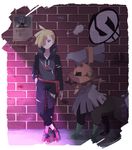  bad_id bad_twitter_id blonde_hair brick_wall gen_7_pokemon gladio_(pokemon) green_eyes hair_over_one_eye hand_in_pocket highres male_focus mei_(maysroom) pants pokemon pokemon_(creature) pokemon_(game) pokemon_sm poster_(object) team_skull team_skull_grunt torn_clothes torn_pants type:_null 