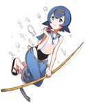  baggy_pants bare_shoulders barefoot blue_eyes blue_hair blue_sailor_collar capri_pants crop_top fishing_rod full_body hair_ornament highres lowleg lowleg_pants pants poke_ball pokemon pokemon_(game) pokemon_sm sailor_collar sandals shibainu single_sandal solo suiren_(pokemon) swimsuit water 