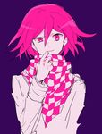  checkered checkered_scarf danganronpa harunotano light_smile looking_at_viewer male_focus monochrome new_danganronpa_v3 ouma_kokichi purple_background scarf simple_background smile solo straitjacket 