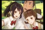  2girls blush braid brown_eyes brown_hair commentary_request kimi_no_na_wa miyamizu_mitsuha mole mole_under_eye multiple_girls natori_sayaka ponytail reaching_out school_uniform self_shot smile teshigawara_katsuhiko twin_braids v yasukura_(shibu11) 