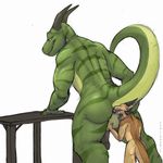  anal anthro anus backsack balls butt dragon duo evalion green_skin horn looking_back male muscular oral penis raised_tail rimming scalie sex table 